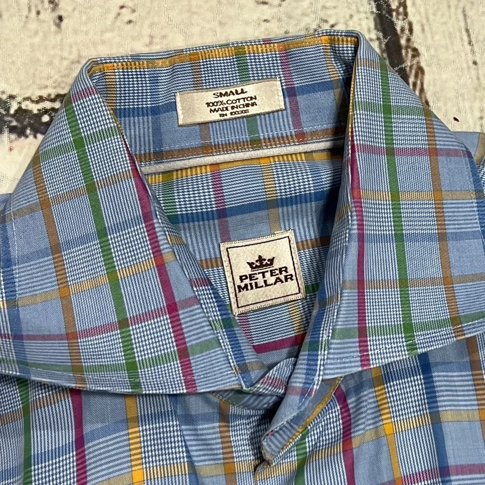 Peter Millar Checkered Blue Mens Suit Dress Professional Button Down Shirt